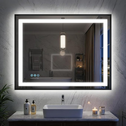 Antok 30X36 LED Bathroom Mirror with Lights, Vanity Mirror for Wall with Black Frame, Touch Control, Anti-Fog, Dimmable Lights, Shatter-Proof, Memory Function, Wall-Mounted Vanity Mirrors