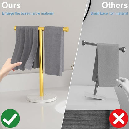 Hand Towel Holder for Bathroom Vanity, Freestanding Towel Stand, Gold | T-shape Stainless Steel Towel Rack with Heavy Marble Base for Hand Towels on Bathroom Vanities, Guest Baths or Counters