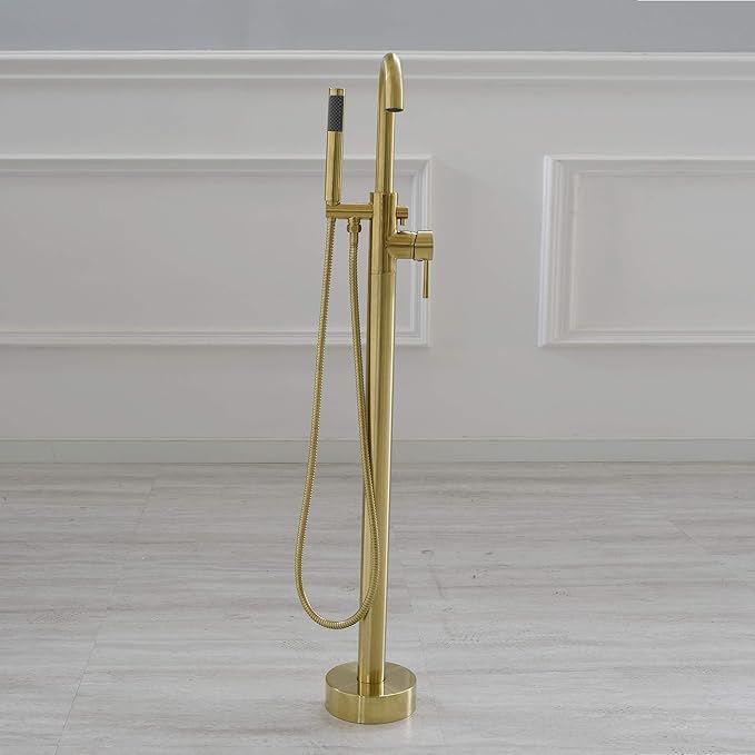 WOODBRIDGE Contemporary Single Handle Floor Mount Freestanding Tub Filler Faucet with Hand shower in Brushed Gold Finish, F0007BGRD