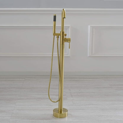 WOODBRIDGE Contemporary Single Handle Floor Mount Freestanding Tub Filler Faucet with Hand shower in Brushed Gold Finish, F0007BGRD