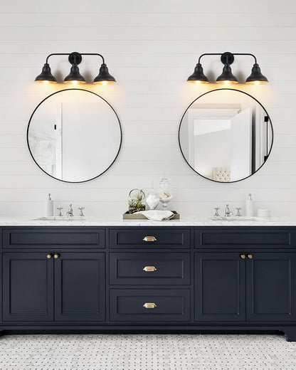 25.2-Inch 3-Light Farmhouse Vanity Light Over Mirror, Matte Black | Rustic industrial style, metal frame, 3 E26 sockets, 60W max, dimmable, no bulbs, wall sconce for bathroom mirror, bedroom