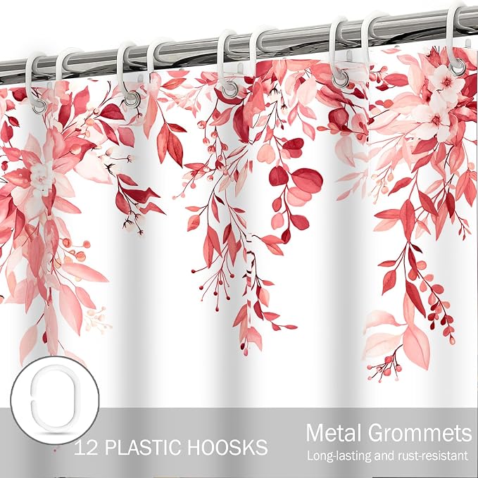 Pink Floral Eucalyptus Shower Curtain with Hooks, 72x84 Inch | Waterproof Fabric, Watercolor Leaves and Floral, Botanical Style, Machine Washable, Quick-Drying, for Hotel Bathroom