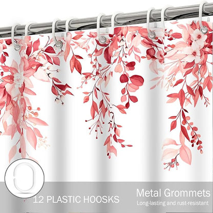 Pink Floral Eucalyptus Shower Curtain with Hooks, 72x84 Inch | Waterproof Fabric, Watercolor Leaves and Floral, Botanical Style, Machine Washable, Quick-Drying, for Hotel Bathroom