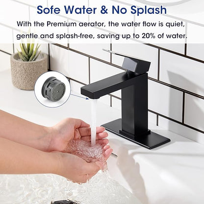 Black Bathroom Faucet, Stainless Steel Vanity Bathroom Sink Faucet with Pop Up Drain Stopper and Water Hoses, Easy to Install Bathroom Faucet 1 Hole for Bathroom Sink, Vanity, RV, Farmhouse