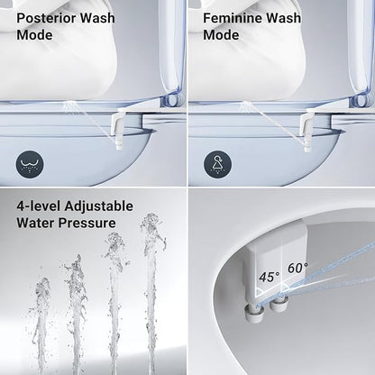 Bidet Attachment for Toilet, Dual Nozzle Bidet Toilet Seat, Non-Electric Ultra-Thin Bidets for Existing Toilets, Rear/Feminine Wash with Adjustable Water Pressure (White)
