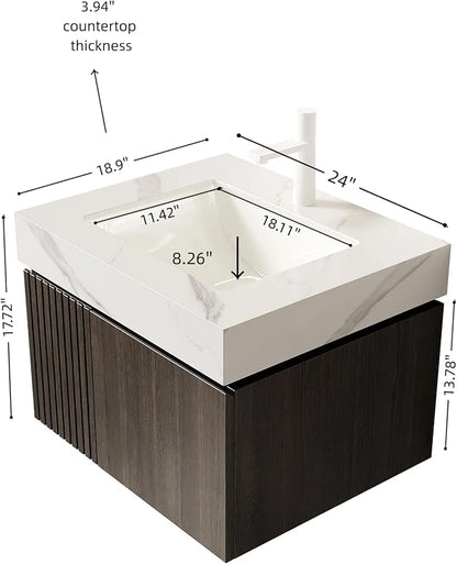 KEIKI 24 Inch Floating Bathroom Vanity with Sink, Espresso & White | Modern Wall Mounted Storage Cabinet with 2 Doors, Pre-assembled Wood Panels, Sintered Stone Top & Ceramic Basin Combo Set