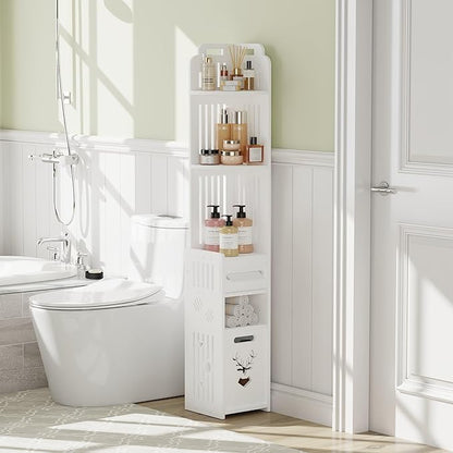 VECELO Storage Cabinet for Small Spaces,Skinny Toilet Paper Holder Stand with 3 Shelves,No Drills, (White, 3Shelf+1Drawer)