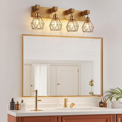 maesta 4 Light Bathroom Vanity Light, Farmhouse Gold Fixture Over Mirror | Farmhouse Bathroom Light Fixtures, Wood & Metal, Anti-Rust, Easy to Install for Rustic Bathroom Hallway