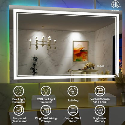 40x36 Inch RGB LED Bathroom Mirror with Lights | Front and RGB Backlit, Dimmable, Memory, Anti Fog, Shatterproof, Horizontal/Vertical, Lighted Mirrors for Bathroom Wall