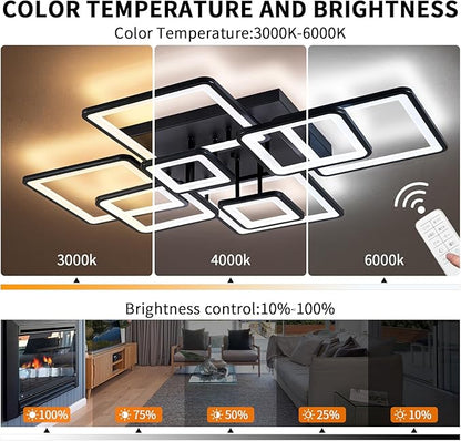 Modern LED Ceiling Light, Dimmable LED Chandelier Black Flush Mount Ceiling Lights, Remote Control Acrylic Ring Ceiling Lamp Fixture for Living Room Dining Room Bedroom, 8H-FANG-BL-04
