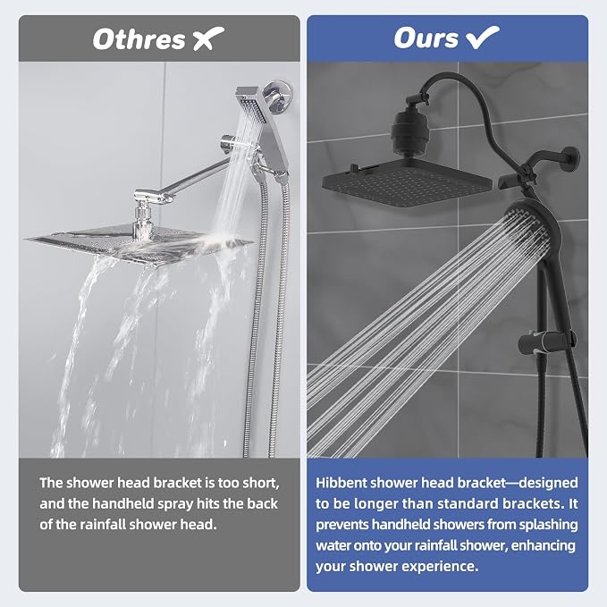 Hibbent 5-spray Filtered Rainfall Shower Head Combo, High Pressure 13'' Showerhead with 10 Spray Modes Handheld, All Metal 3 way Diverter Shower Arm, 71'' Hose and Holder, Matte Black