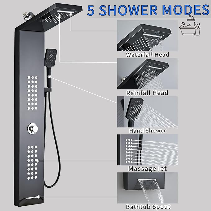 Lengthened Shower Panel Tower System Rain Shower Head | Rainfall Waterfall Shower,Handheld High Pressure Rain Massage System(Black)