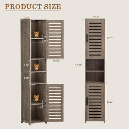 VECELO Tall Bathroom Cabinet with 2 Doors, 67" H Narrow Storage Unit with Adjustable Shelves for Small Spaces, Living Room, Entryway Corners, Greige
