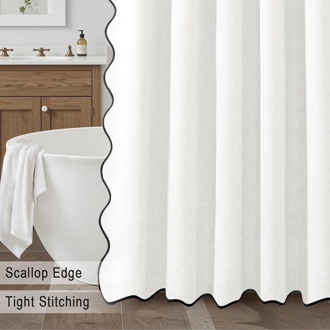 Scalloped Shower Curtain Linen Boho White 72" W x 84" L | Linen Fabric, Black Border, Washable, Heavy Duty Cloth, Shower Curtain for Boho Farmhouse Bathroom Bathtub