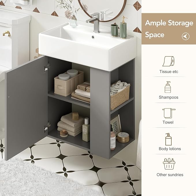 21.6 in Floating Bathroom Vanity with Sink,Soft Closing Doors,Solid Wood Frame & MDF Modern Single Small Bathroom Vanity Cabinet with Open Shelf,Wall Mounted (Grey,Right Shelves)
