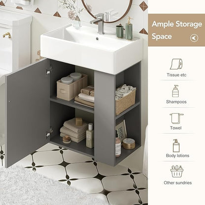 21.6 in Floating Bathroom Vanity with Sink,Soft Closing Doors,Solid Wood Frame & MDF Modern Single Small Bathroom Vanity Cabinet with Open Shelf,Wall Mounted (Grey,Right Shelves)