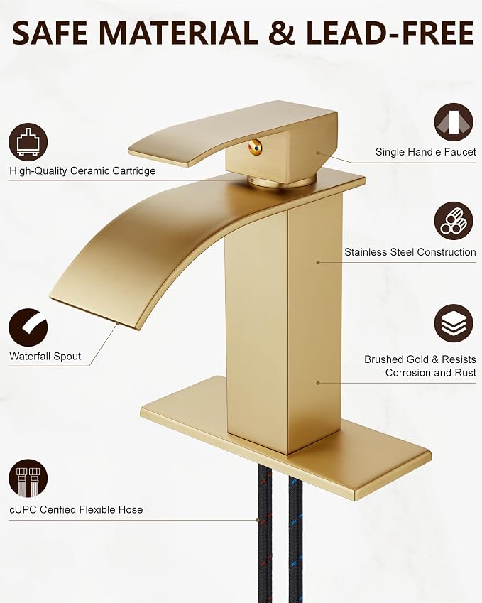 Midanya Waterfall Bathroom Faucet 1 Hole,Brushed Gold | with 24” Hoses,Pop Up Drain,6” Deck Plate,for 1 or 3 Hole Vanity,Lavatory,RV,Single Handle Bathroom Sink Faucet,NSF Certified