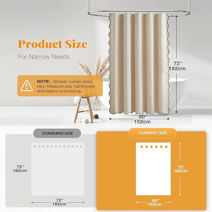 BTTN Stall Shower Curtain, 60×72 Boho Scalloped Linen Textured Heavy Duty Fabric Shower Curtain Set with 10 Hooks, Narrow Bohemian Vintage Waterproof Cloth Shower Curtain for Bathroom, Beige/Cream