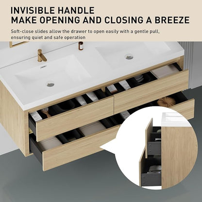60" Floating Bathroom Vanity with Double Sinks, Wall-Mounted Bathroom Storage Vanity Cabinet with Resin Top Basin and Soft Close Drawers, Fully Assembled, Natural Oak