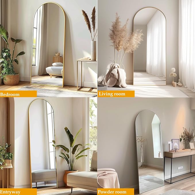 Dewfig Mirror Full Length, 64"X21" Arched Floor Mirror, Gold | Aluminum Alloy Frame Full Body Mirror, HD Shatterproof Tempered Glass, Lean/Stand/Wall for Living Room,Bedroom, Dressing Room