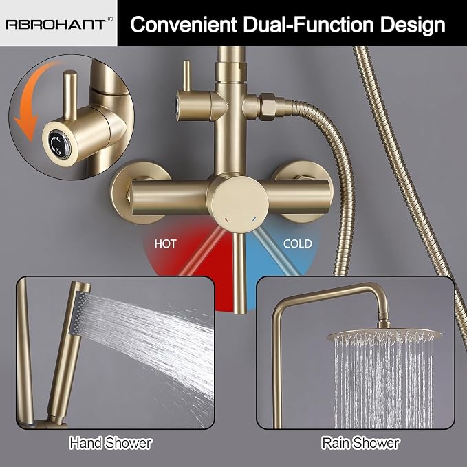 RBROHANT Outdoor Shower, Wall Mount Outdoor Shower Kit, Outside Shower Faucet with Height Adjustable Rain Shower Head and Handheld, Exposed Shower for Backyard, Wall Mounted, Brushed Gold, JK0147