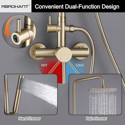 RBROHANT Outdoor Shower, Wall Mount Outdoor Shower Kit, Outside Shower Faucet with Height Adjustable Rain Shower Head and Handheld, Exposed Shower for Backyard, Wall Mounted, Brushed Gold, JK0147