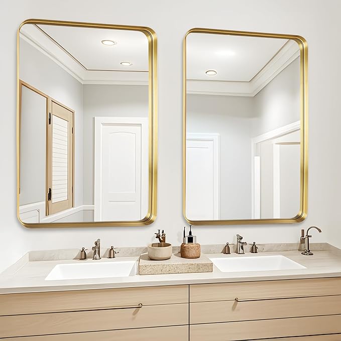 Fabuday Gold Bathroom Mirror 40x30 Inch - Large Brushed Metal Frame Mirror Over Sink, Rectangular Wall Mounted Vanity Mirror for Bedroom, Living Room, Farmhouse Style, Heavy-Duty Hooks