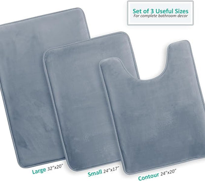 Clara Clark 3 Piece Bathroom Rugs, Velvet Memory Foam Bath Mat Set, Non-Slip Bath Rugs, Machine Wash, Dries Quickly, Ultra Soft Plush Bath Mats for Bathroom, 17 x 24/20 x 32 / Contour, Stone Blue