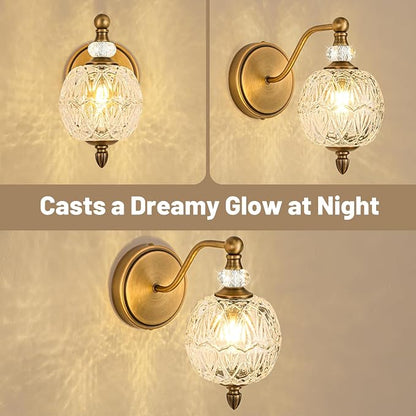 1 Piece Vintage Wall Sconce, 1-Light Mid Century Matte Antique Brass Finish Wall Sconce with Globe Glass Shade, Retro Light for Bathroom, Bedroom, Living Room,Powder Room