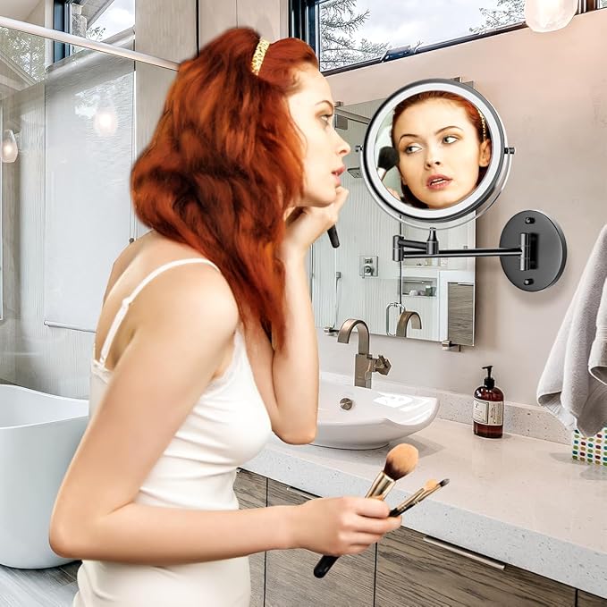 Rocollos 9" Wall Mounted Lighted Makeup Mirror, Large Double Sided 1X/10X Magnifying Mirror, 3 Color LED Vanity Mirror, Touch Dimmable 360° Swivel Light Up for Bathroom