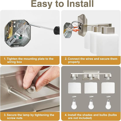 3-Light Bathroom Light Fixtures - Brushed Nickel Bathroom Vanity Lights with Glass Shade Modern Bathroom Lighting Fixtures Over Mirror - Wall Sconce Lamps for Bedroom,Living Room,Hallway