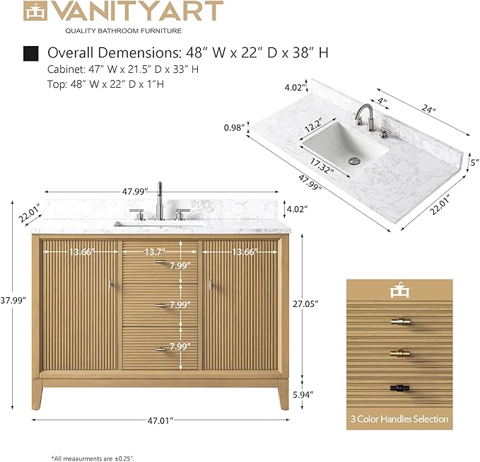 Vanity Art 48" Bathroom Vanity with Single Sink & Arabescato White Engineered Stone Top, Vanity Cabinet with Soft Closing Door, Solid Wood Frame, Golden Brushed Handles, Natural Oak VA8148-NO-GB