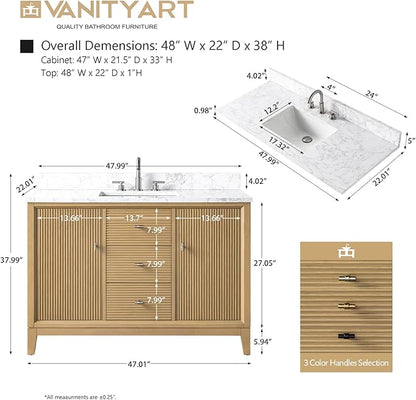 Vanity Art 48" Bathroom Vanity with Single Sink & Arabescato White Engineered Stone Top, Vanity Cabinet with Soft Closing Door, Solid Wood Frame, Golden Brushed Handles, Natural Oak VA8148-NO-GB