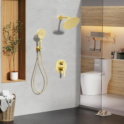 Shower Faucet Set Brass 8IN Rough-In Valve Body Trim Kit Rainfall Included Handle Accessories Complete 2 Functions with Rain Head and Handheld Bathroom Systems (8‘’, Brushed Gold)