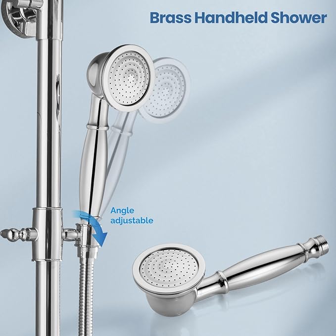 Airuida Exposed Shower System, 8 Inch Rainfall Shower Head with Handheld Spray, Single Handle Wall Mount Shower Faucet Set, Solid Brass Dual Function Exposed Pipe Fixture for Bathroom,Chrome Polish