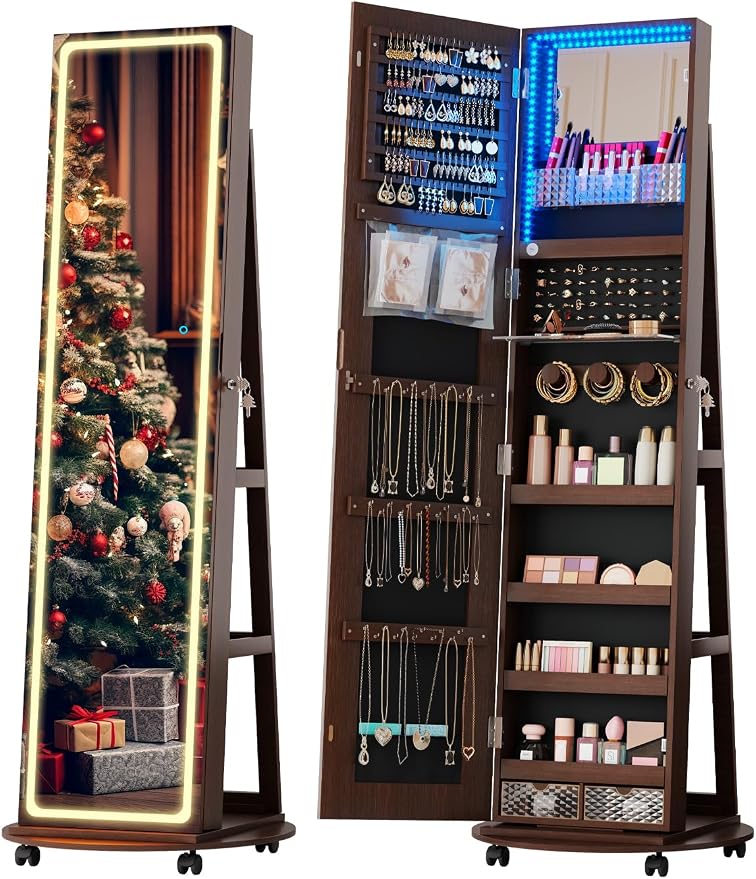 Full Length Jewelry Armoire with LED Mirror 360 Rotating Brown | Full Length LED Mirror, 3-color Light, 360 Rotating Base, Jewelry Storage, Makeup Tray, Shelves, Drawers