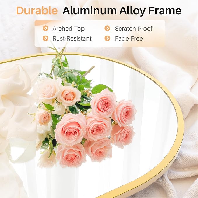Bathroom Mirror for Wall, 36x24 Inch Arched Mirror, Matte Gold Metal Framed Bathroom Vanity Mirrors for Restroom Farmhouse, Anti-Rust, Tempered Glass, Hanging or Leaning