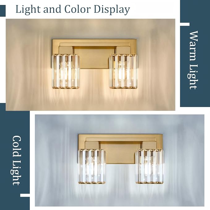 Brushed Gold Bathroom Light Fixtures, 2-Light Vanity Light Over Mirror | Wall Sconces with Square Crystal Shades, E26 Socket, Modern Vanity Lights for Bathroom (Bulbs Not Included)