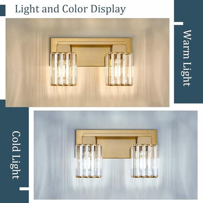 Brushed Gold Bathroom Light Fixtures, 2-Light Vanity Light Over Mirror | Wall Sconces with Square Crystal Shades, E26 Socket, Modern Vanity Lights for Bathroom (Bulbs Not Included)