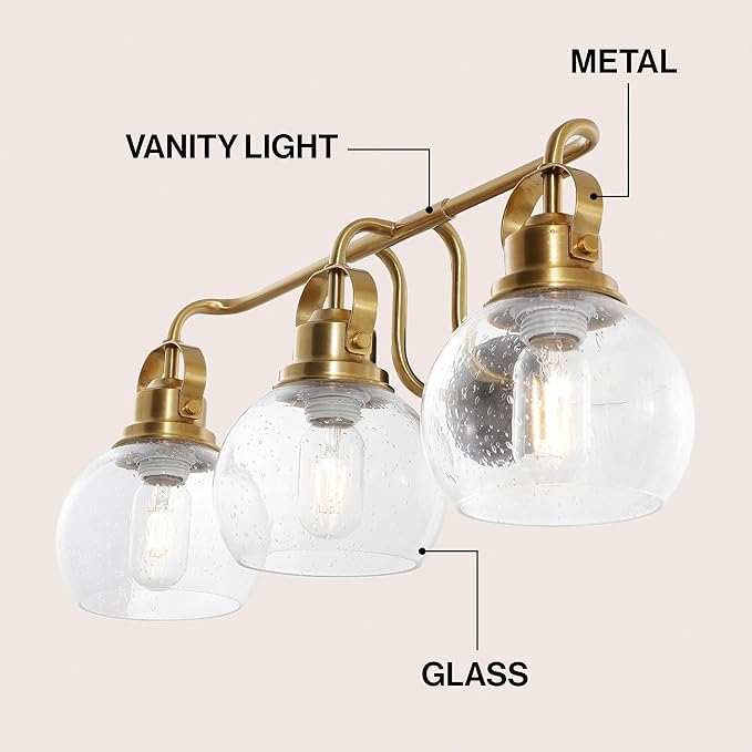 JONATHAN Y 24" Brass Gold/Oil Rubbed Bronze Shirley 3-Light Bathroom Vanity Light, Metal Wall Sconce, Clear Seeded Glass Shade, Modern Transitional Farmhouse Fixture, LED Bulbs Included (JYL7405B)