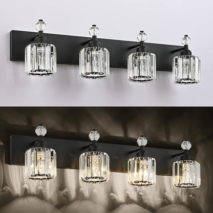 PRESDE Crystal 4- Light Vanity Light for Bathroom，Modern Matte Black Bathroom Lights Fixtures Over Mirror Wall Sconce
