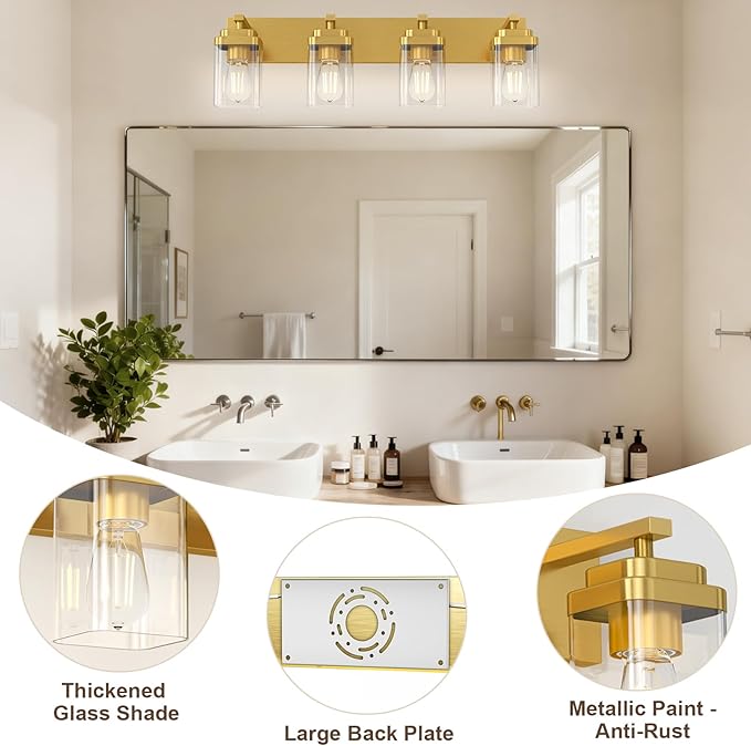 Brushed Gold Bathroom Light Fixtures, 4 Lights Bathroom Lighting Fixtures Over Mirror, Square Design & Rectangle Large Backplate, Modern Vanity Lighting Fixtures, for Living Room/Bedroom