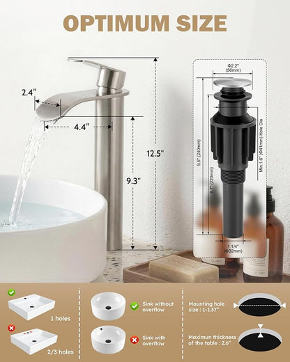 Vessel Sink Faucet Brushed Nickel for Bathroom：WOWOW Single Handle Tall Bathroom Faucet - Waterfall Single Hole Mixer Bar Tap with Large Rectangular Spout, Deck Mount Lavatory Vanity with Pop Up Drain