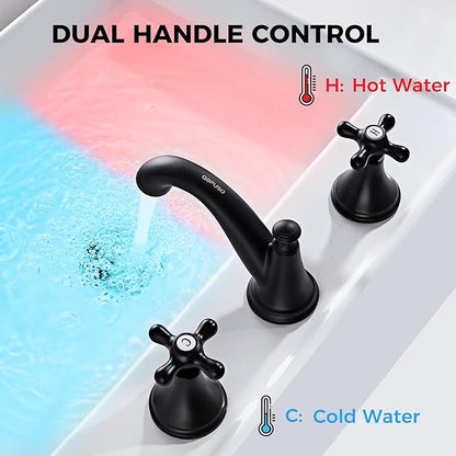 Vintage Widespread Bathroom Faucet - 2 Handle 3-Hole Sink Faucet Set in Solid Brass, Drip-Free Ceramic Disc Cartridge, Adjustable 8 to 16 Inch Installation, Matt Black