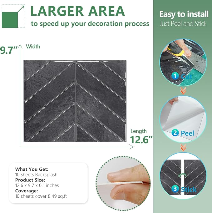 STICKGOO Herringbone Peel and Stick Backsplash, Black/Grey Grout, 10 Sheets | 12.6 x 9.7 in, Thicker Rectangular Vinyl Stick-On Wall Tiles, Easy Alignment, Waterproof, Easy to Clean, Kitchen/Bathroom