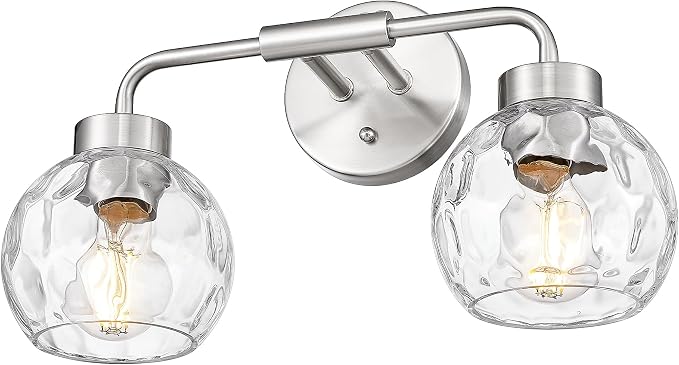 zeyu 16-Inch 2-Light Bathroom Lighting Over Mirror Fixture, ZS62BG-2W BN-WG | Compact Nickel Bathroom Light, 16-Inch 2-Light Design, Water Ripple Globe Glass, Hardwired, Up/Down Mount, ETL Listed