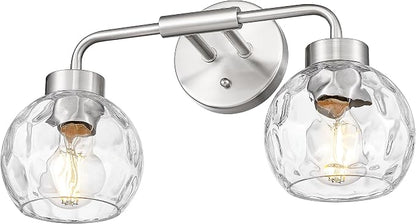 zeyu 16-Inch 2-Light Bathroom Lighting Over Mirror Fixture, ZS62BG-2W BN-WG | Compact Nickel Bathroom Light, 16-Inch 2-Light Design, Water Ripple Globe Glass, Hardwired, Up/Down Mount, ETL Listed