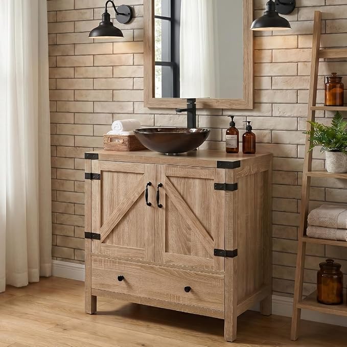 28" Natural Color Bathroom Vanity, Rustic Fixture Standing Pedestal Cabinet with Brown Round Glass Sink