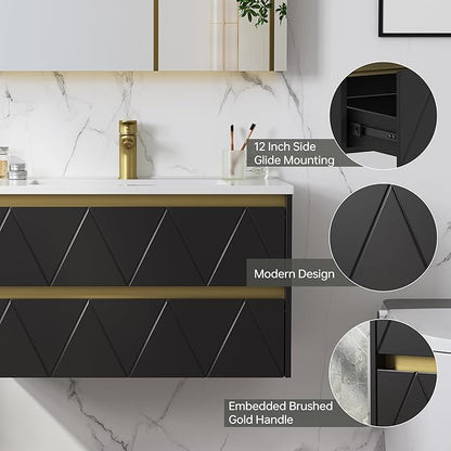 30 Inch Bathroom Vanity with Sink, Wall Mounted Floating Vanity with Modern Stripe Design, Floating Vanity Bathroom with U-Shaped Drawer, 30 Inch Vanity with Sink, Hidden Handle, Black