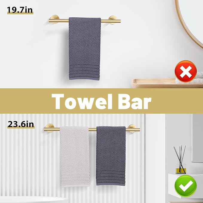 Brushed Gold Towel Bar Set 10 Pieces Bathroom Hardware Accessories Set Towel Rack Set for Bathroom SUS304 Stainless Steel Toilet Paper Holder Wall Mounted, 23.6 Inch